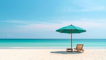 Fototapeta premium 海 ビーチ 夏 青空 太陽 パラソル 椅子 砂浜 休暇 リゾート 癒し 穏やか 眩しい 景色 旅 楽園 潮風 バカンス 水平線 非日常