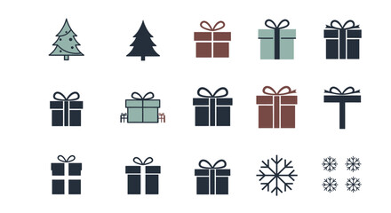 A minimalist set of Christmas holiday icons featuring gift boxes, trees, and snowflakes in a flat, modern design style.