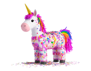 A 3D mascot piñata shaped like a unicorn, full of confetti