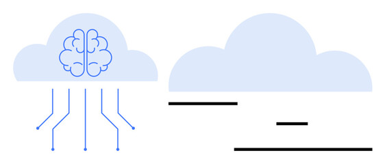 Two clouds, one with a brain and lines, symbolizing AI-powered tech. Ideal for tech advancement, AI, cloud computing, innovation, data analysis, connectivity simple landing page