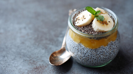 Chia Seed Pudding with Mango and Banana in Glass Jar