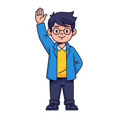 Waving Boy Greeting: An illustrated cheerful boy waves his hand with a friendly gesture and a warm smile, dressed in vibrant attire.