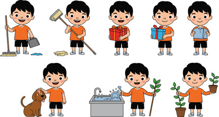 Cartoon boy doing house chores, cleaning floor, mopping, holding gifts, feeding dog, washing dishes, watering plants, daily routine, home helper character vector sprite