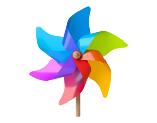 A rotating windmill toy with rainbow petals