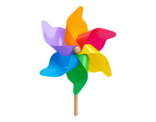 A rotating windmill toy with rainbow petals