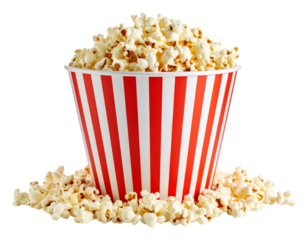 A striped 90s movie theater popcorn box overflowing with popcorn.