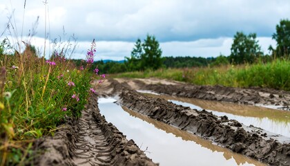 A muddy country road winds through a grassy landscape
