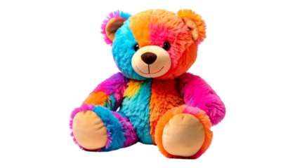 Neon-colored teddy bear with a smiley face