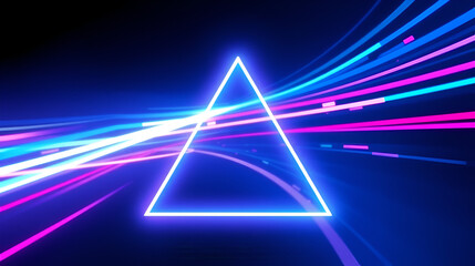 Abstract technology futuristic neon triangle glowing blue and pink light lines with speed motion blur effect on dark blue background.Up arrow triangle line vector icon.