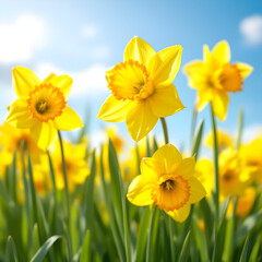 Fototapeta premium A vibrant field of yellow daffodils in full bloom under a bright blue sky with fluffy white clouds above