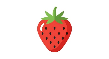 Simple flat vector illustration of a single ripe red strawberry with a green top, isolated on a white background. Healthy fresh fruit icon design element