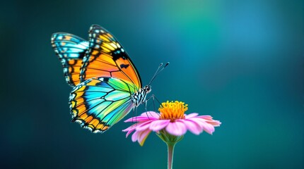 Vibrant Rainbow Butterfly on Pink Flower Teal Background