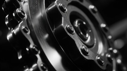 Fototapeta premium Mechanical gears and chain, intricate system, industrial, high contrast, black/white