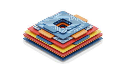 Layered square abstract design with circuit board patterns representing technology and innovation