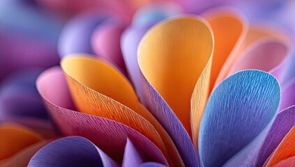Close-up of colorful, textured paper, layered and curled