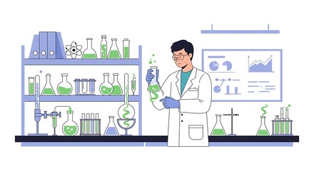 Young male scientist in a modern laboratory analyzing a green plant specimen for biotechnological research and discovery