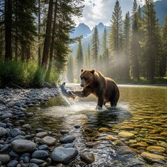 Majestic Brown Bear Expertly Catches a Fish in a Sparkling River Amidst a Vibrant Forest and Distant Mountains, Bathed in Golden Sunlight