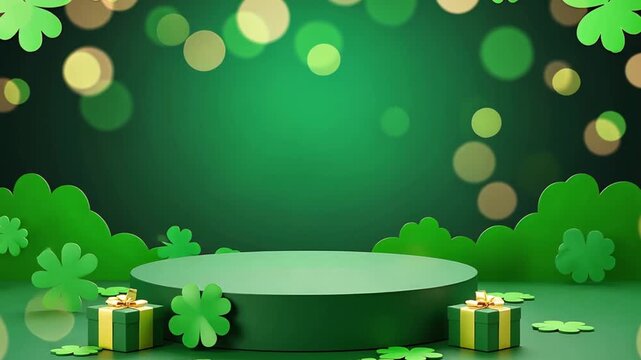 A green stage with a circular platform surrounded by shamrocks and gift boxes. Soft bokeh lights create a festive atmosphere, ideal for St. Patrick's Day celebrations.