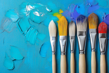 Fototapeta premium Artist brushes on colorful paint background, studio artwork.