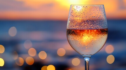 Wine glass sunset. Droplets on glass, beachy background with bokeh lights