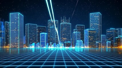Futuristic city skyline at night with glowing neon lights and a digital grid, showcasing advanced technology - Powered by Adobe