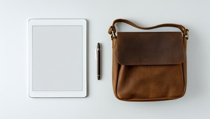 White tablet and brown leather satchel bag on a white surface