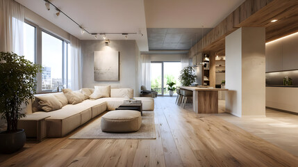 Modern Minimalist Apartment Interior Design with Beige Sofa and Wooden Floors