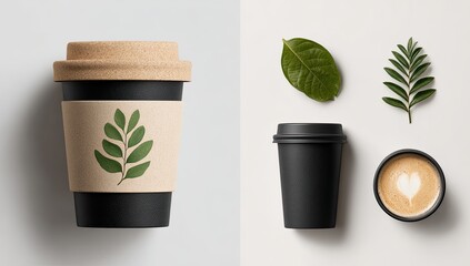 Two black coffee cups, one with a light brown paper sleeve featuring a green leaf design, alongside leaves and a latte art cup