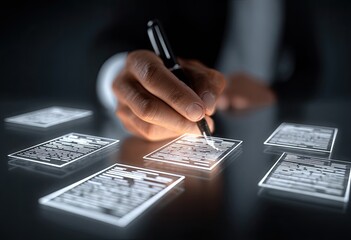 A hand holding a pen, writing on holographic documents