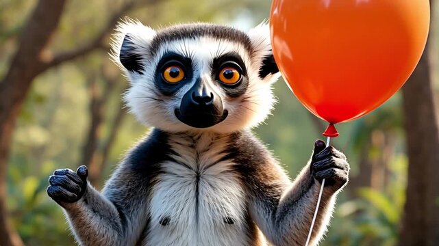 A ring-tailed lemur holds an orange balloon in a lush forest. The scene captures the playful nature of the animal amidst greenery.