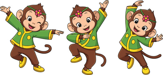 Cartoon happy monkey dancing in green jacket and brown pants, joyful playful animal character, cute children’s illustration, fun mascot with flower headband, energetic poses