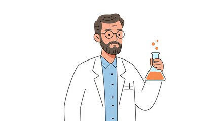 Professional male scientist or chemist character in a lab coat holding a flask with a bubbling chemical solution for a science experiment