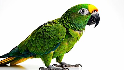 A vibrant green parrot with a yellow-orange beak and striking blue accents on its wings. The bird stands on a white background, showcasing its colorful feathers.