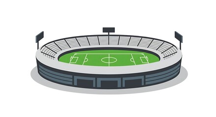 Modern isometric illustration of a vast sports stadium with a pristine green playing field and extensive spectator stands, ready for major athletic competitions