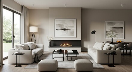 Modern Living Room with Fireplace and Abstract Art