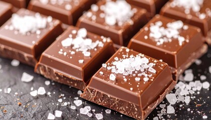 Artistic macro shot of chocolate squares with sea salt crystals sprinkled on top, dessert