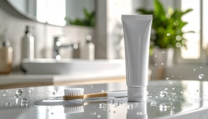 Ultra realistic toothpaste tube with toothbrush on a glossy bathroom counter, health and hygiene focus
