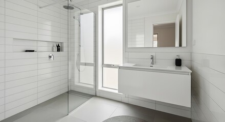 Modern Minimalist Bathroom with Recessed Shower Niche and Linear Drain