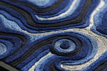 Close-up of textured, embroidered fabric with swirling, dark blue and light blue patterns