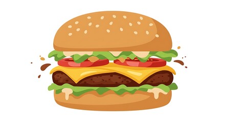 Delicious Illustrated Burger with Fresh Ingredients and Sesame Seed Bun, Perfect for Lunch or Dinner!