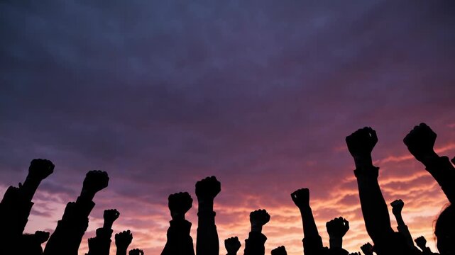 Silhouetted fists raised against a vibrant sunset sky, captured from a low angle. Perfect for a powerful, motivational video theme.