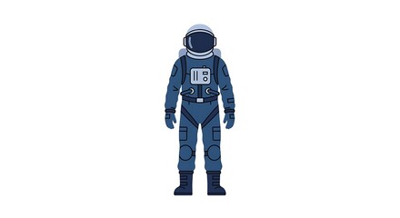 Astronaut in a full blue suit standing against a white background, ready for exploration in space