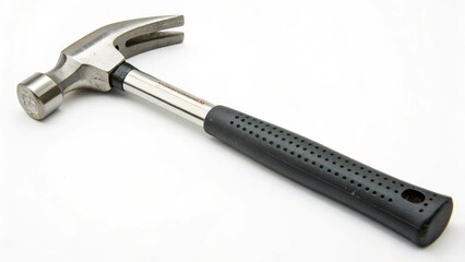 An isolated metal hammer with a black handle is a single construction tool