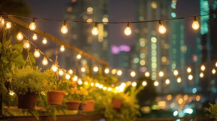 Obraz premium Hanging Plants and String Lights on Rooftop with City Background