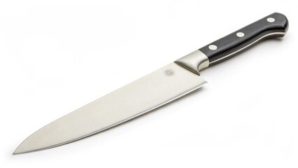 A chef's shiny steel knife with a black handle is an isolated kitchen utensil on a white background