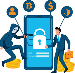 Vector illustration depicting a cybercrime scenario where a hacker threatens a smartphone user to steal personal data and digital assets