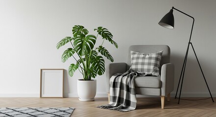 Modern Minimalist Living Room with Monstera Plant and Checkered Throw