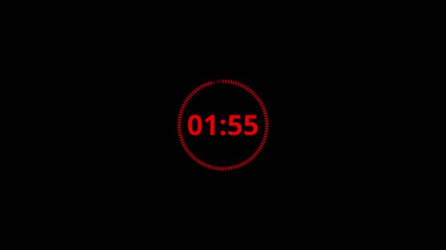 2 minute timer countdown animation, countdown timer two minute animation from 120s to 0s countdown. Red Color Two minute countdown timer animation on black background. 