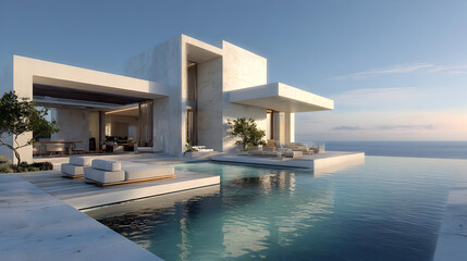 Fototapeta premium Modern White Cliffside Villa with Infinity Pool and Ocean View