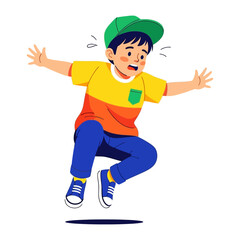 Joyful leap: A young boy is captured mid-air, in a joyful leap that captures the essence of childhood innocence. With arms outstretched and a playful expression.